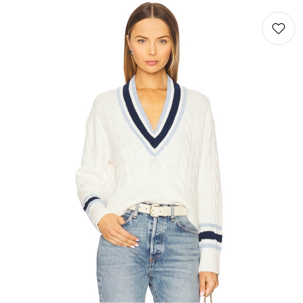 Veronica Beard White and Navy V-Neck Sweater